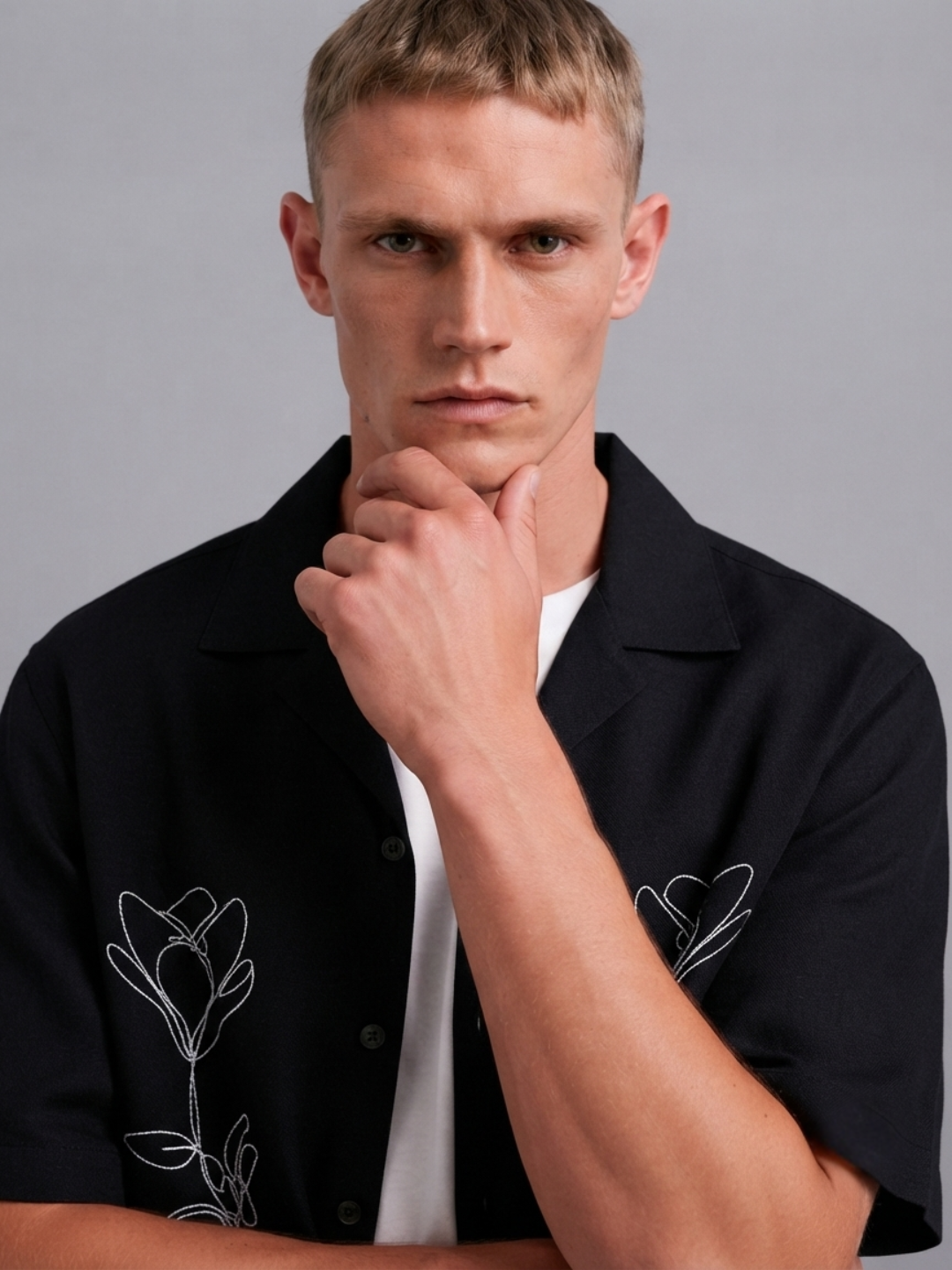 Black Embroidered Relaxed Fit Oversized Half Sleeve Casual Resort Shirt