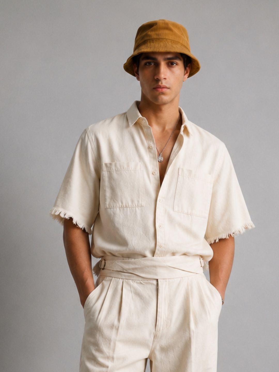 Co-Ord Set Off-White Premium Denim Gurkha Pant & Half Sleeve Shirt Relaxed Fit