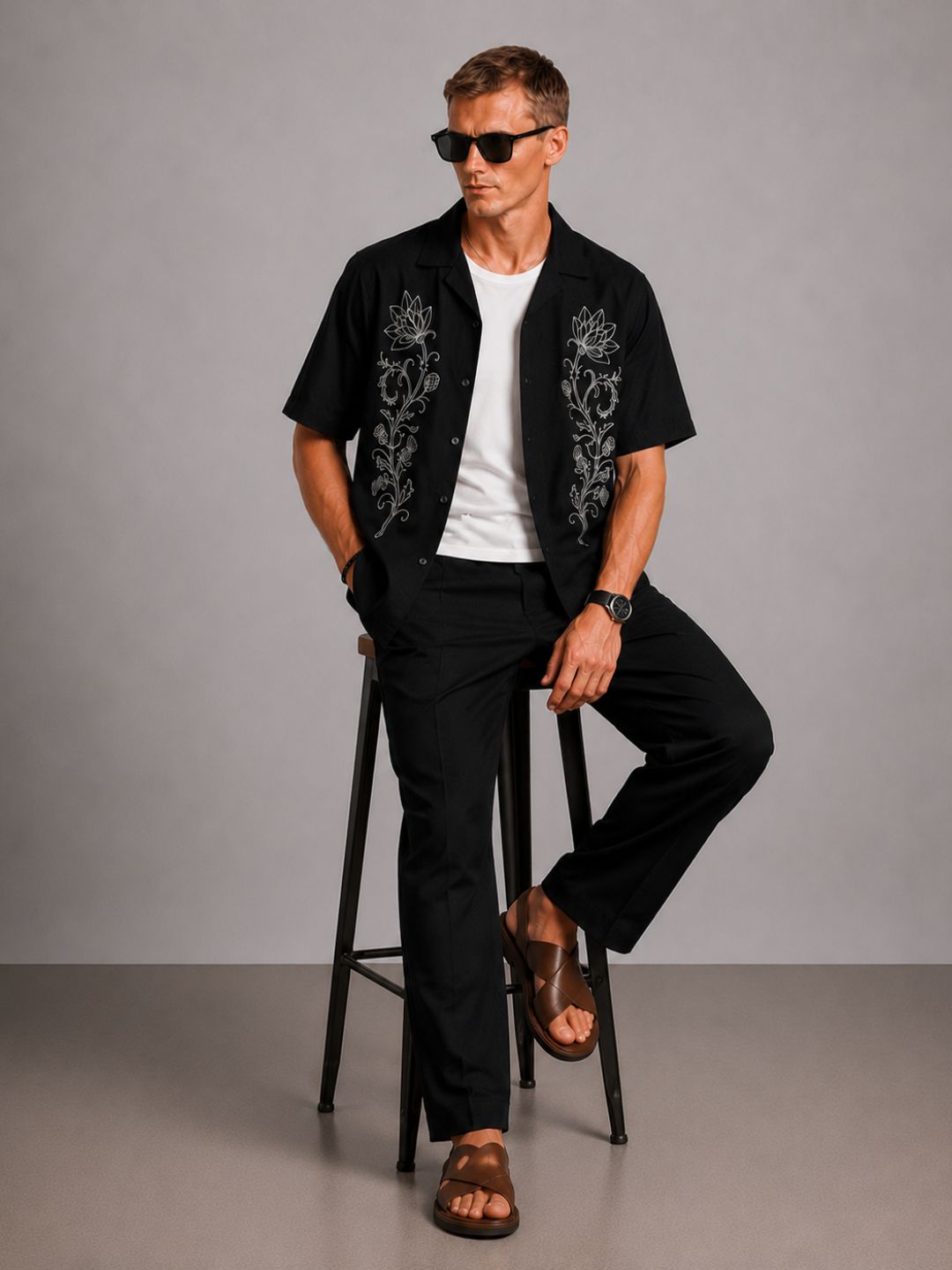 Black Embroidered Relax Fit Oversized Half Sleeve Casual Resort Shirt