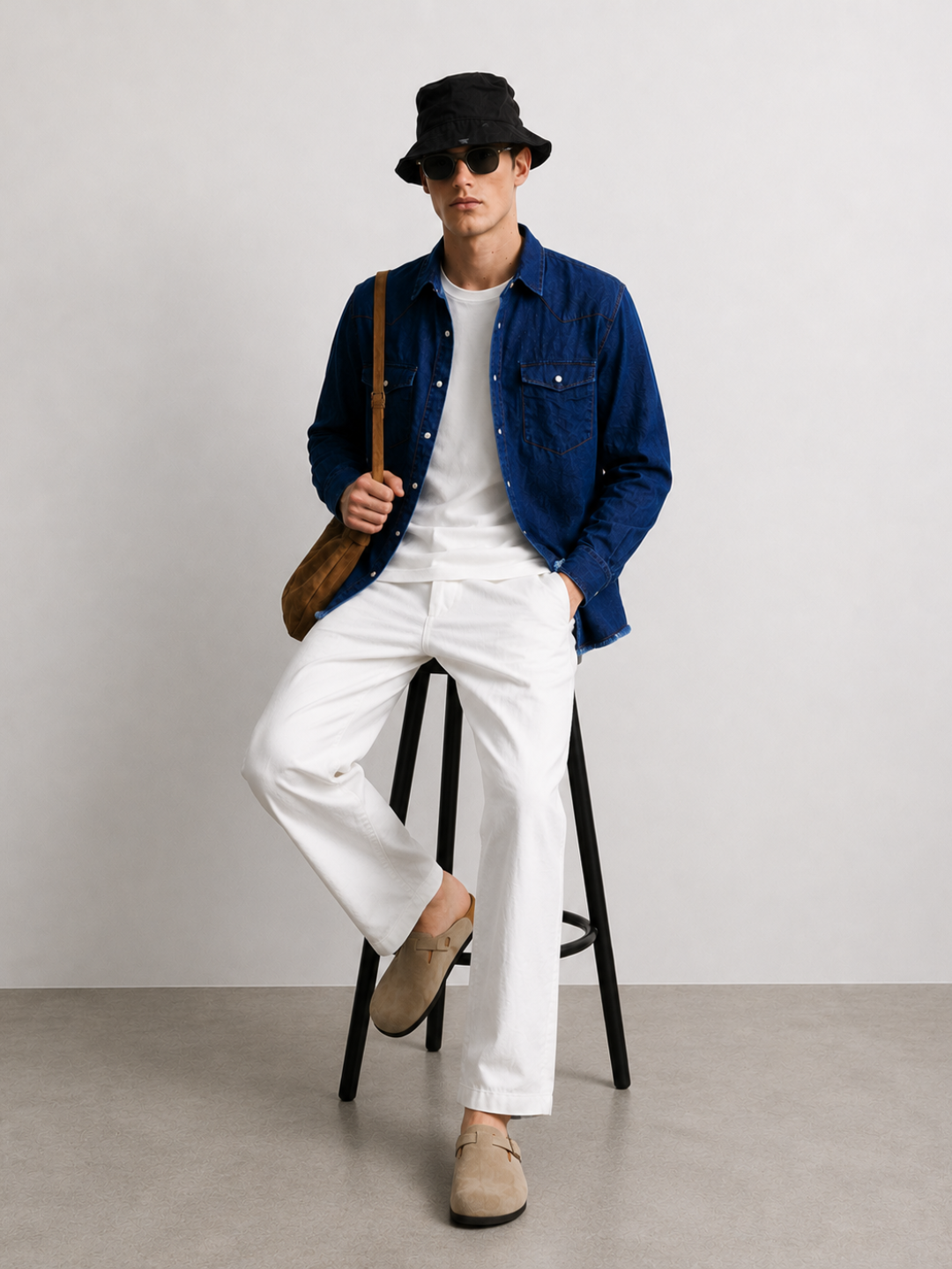 Navy Blue Raw Edge Oversized Relaxed Fit Spread Collar Premium Denim Full Sleeve Shirt