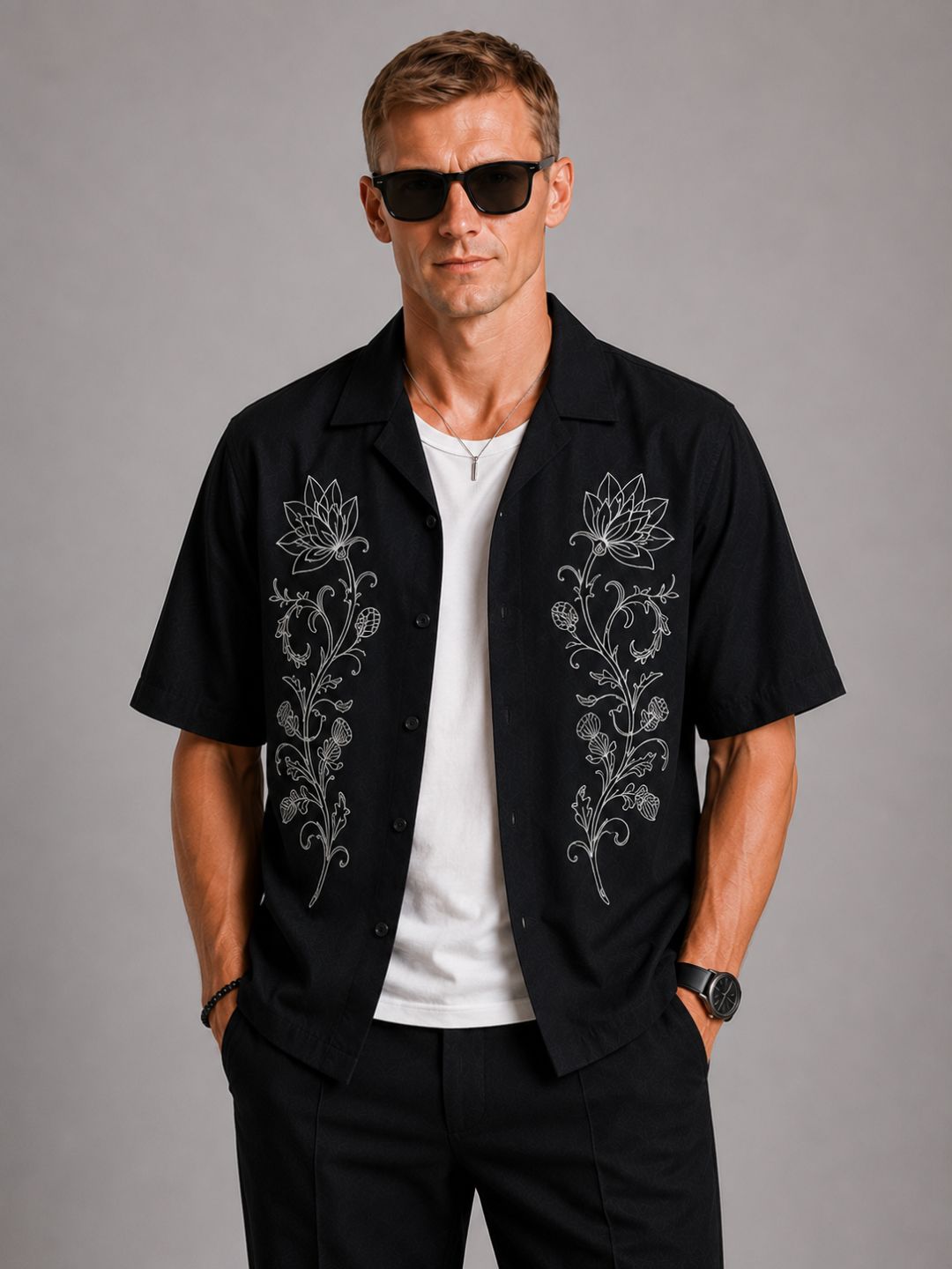 Black Embroidered Relax Fit Oversized Half Sleeve Casual Resort Shirt