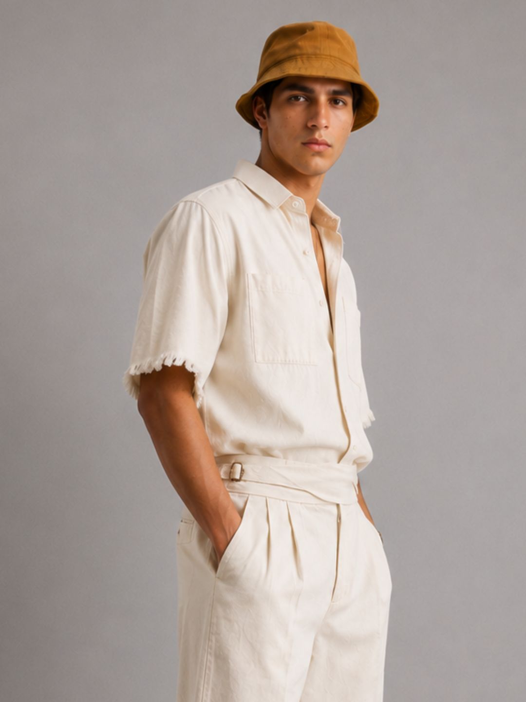 Co-Ord Set Off-White Premium Denim Gurkha Pant & Half Sleeve Shirt Relaxed Fit