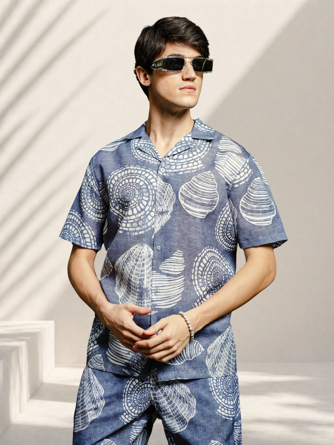 Grey Tropical Print Linen Blend Cuban Collar Resort Shirt & Shorts Co-ord Set