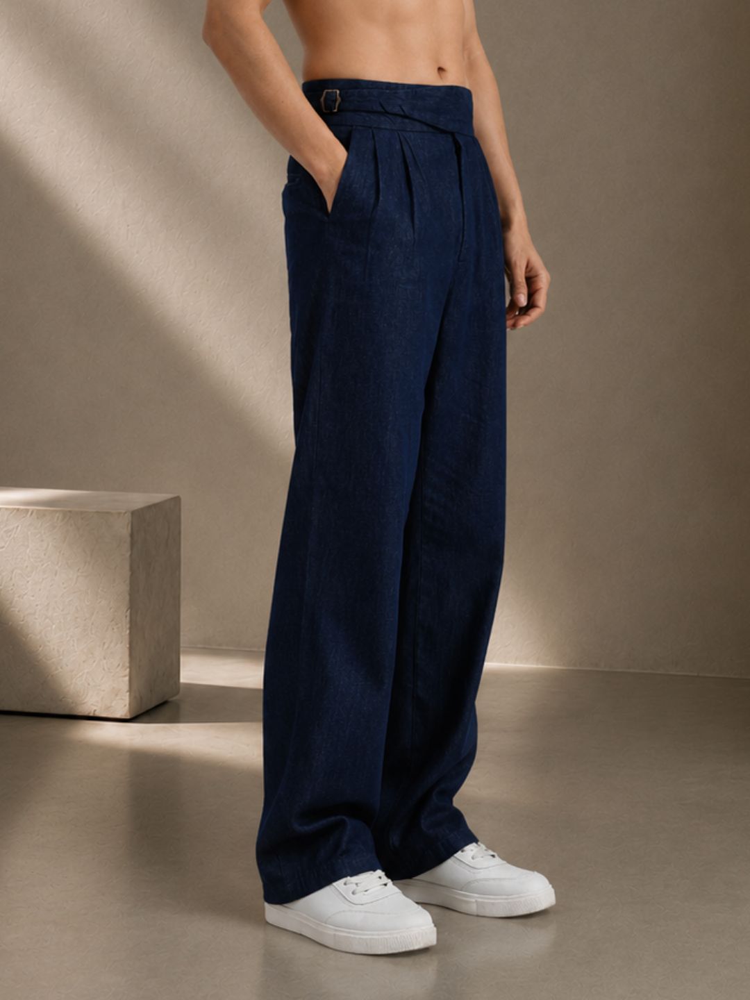 Navy Blue Premium Denim Gurkha Trousers with Double Pleated Front