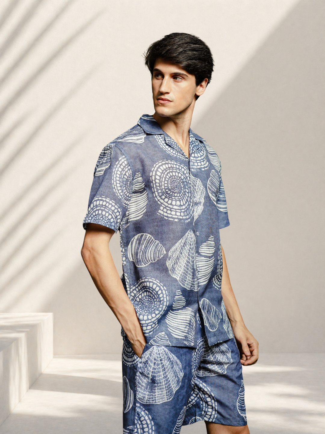 Grey Tropical Print Linen Blend Cuban Collar Resort Shirt & Shorts Co-ord Set