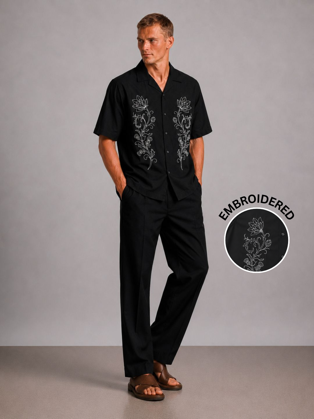 Black Embroidered Relax Fit Oversized Half Sleeve Casual Resort Shirt