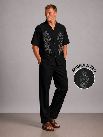 Black Embroidered Relax Fit Oversized Half Sleeve Casual Resort Shirt