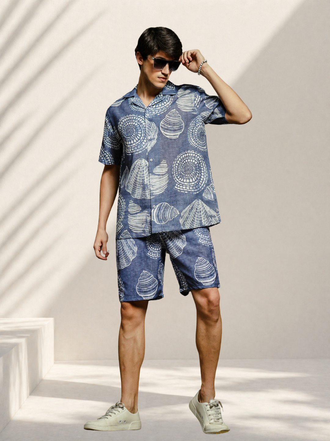 Grey Tropical Print Linen Blend Cuban Collar Resort Shirt & Shorts Co-ord Set