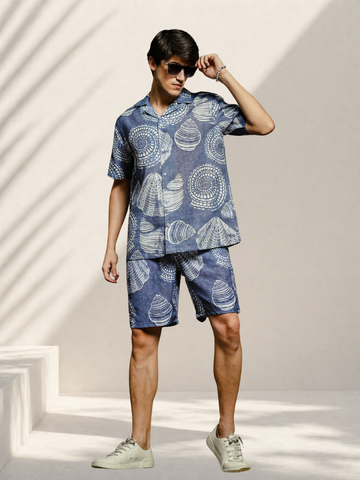 Grey Tropical Print Linen Blend Cuban Collar Resort Shirt & Shorts Co-ord Set