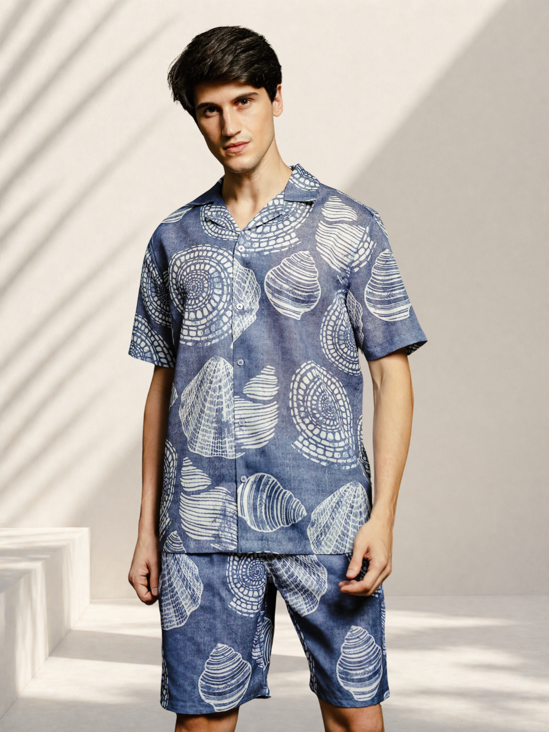Grey Tropical Print Linen Blend Cuban Collar Resort Shirt & Shorts Co-ord Set