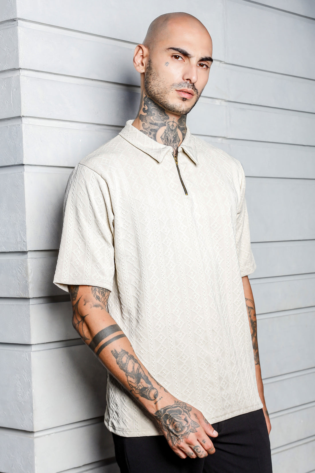 Unisex White Textured Polo Neck Oversized T-shirt