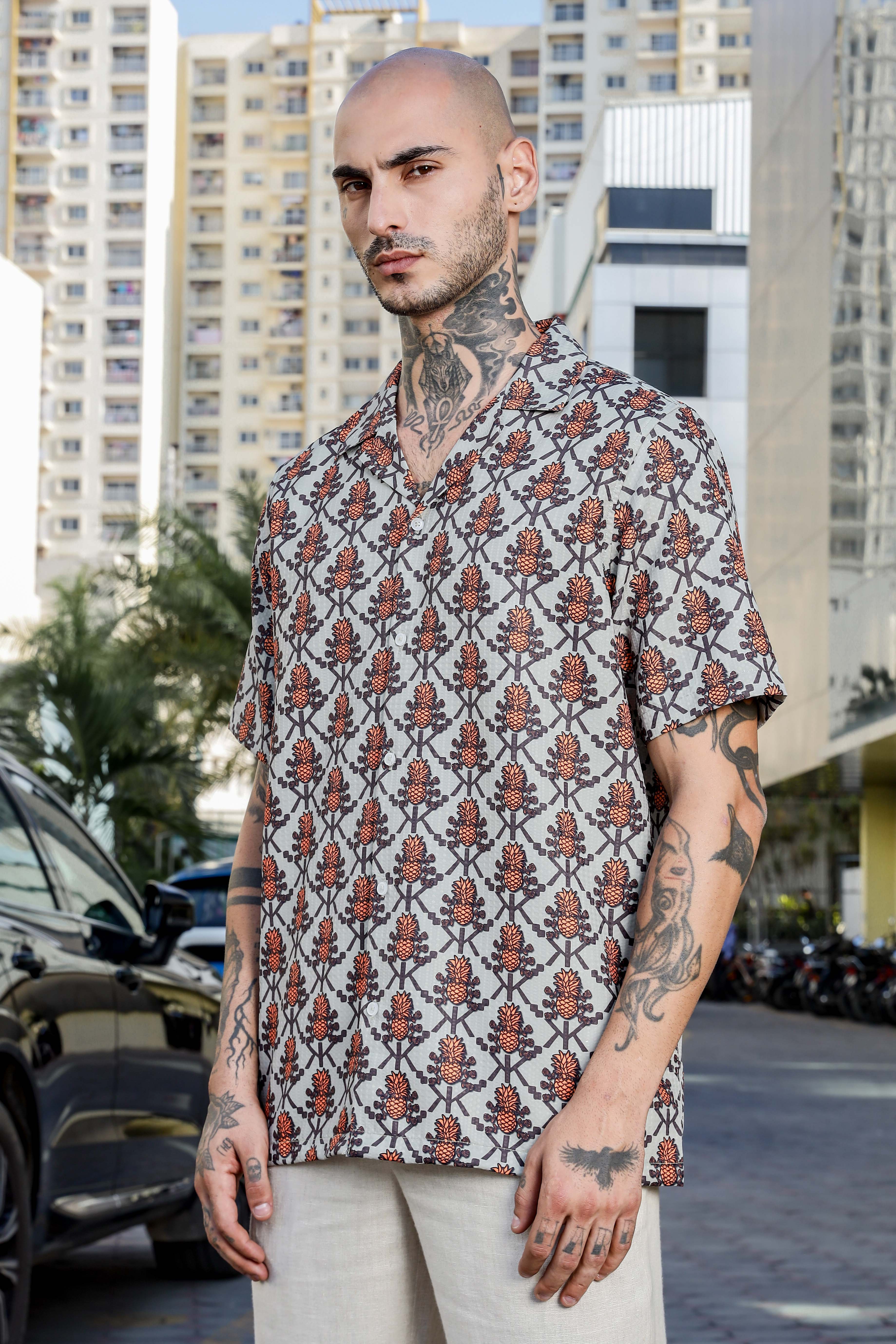 Beige Tropical Printed Cuban Collar Resort Shirt & Shorts Textured Co-ord Set