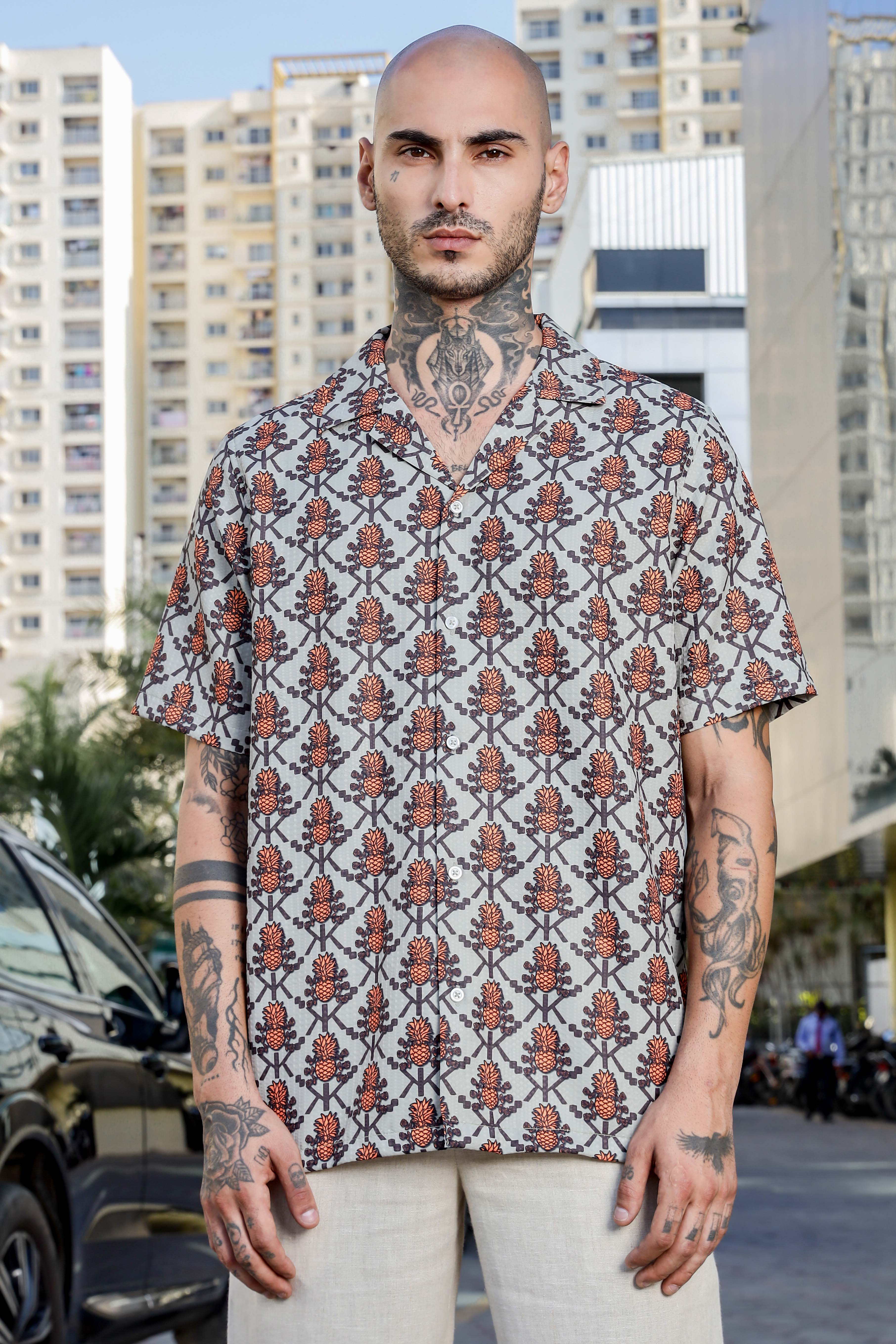 Beige Tropical Printed Cuban Collar Resort Shirt & Shorts Textured Co-ord Set