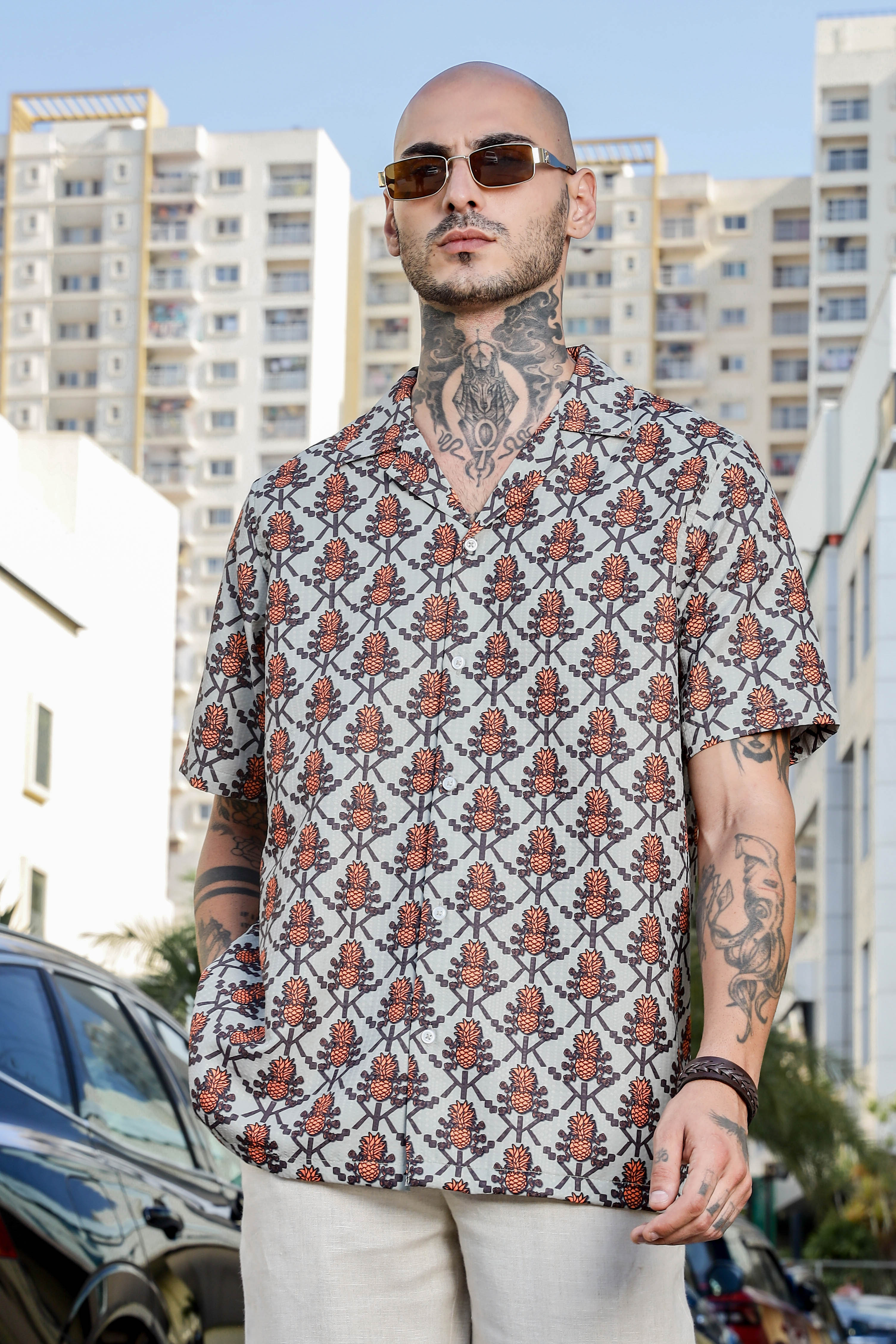 Beige Tropical Printed Cuban Collar Resort Shirt & Shorts Textured Co-ord Set