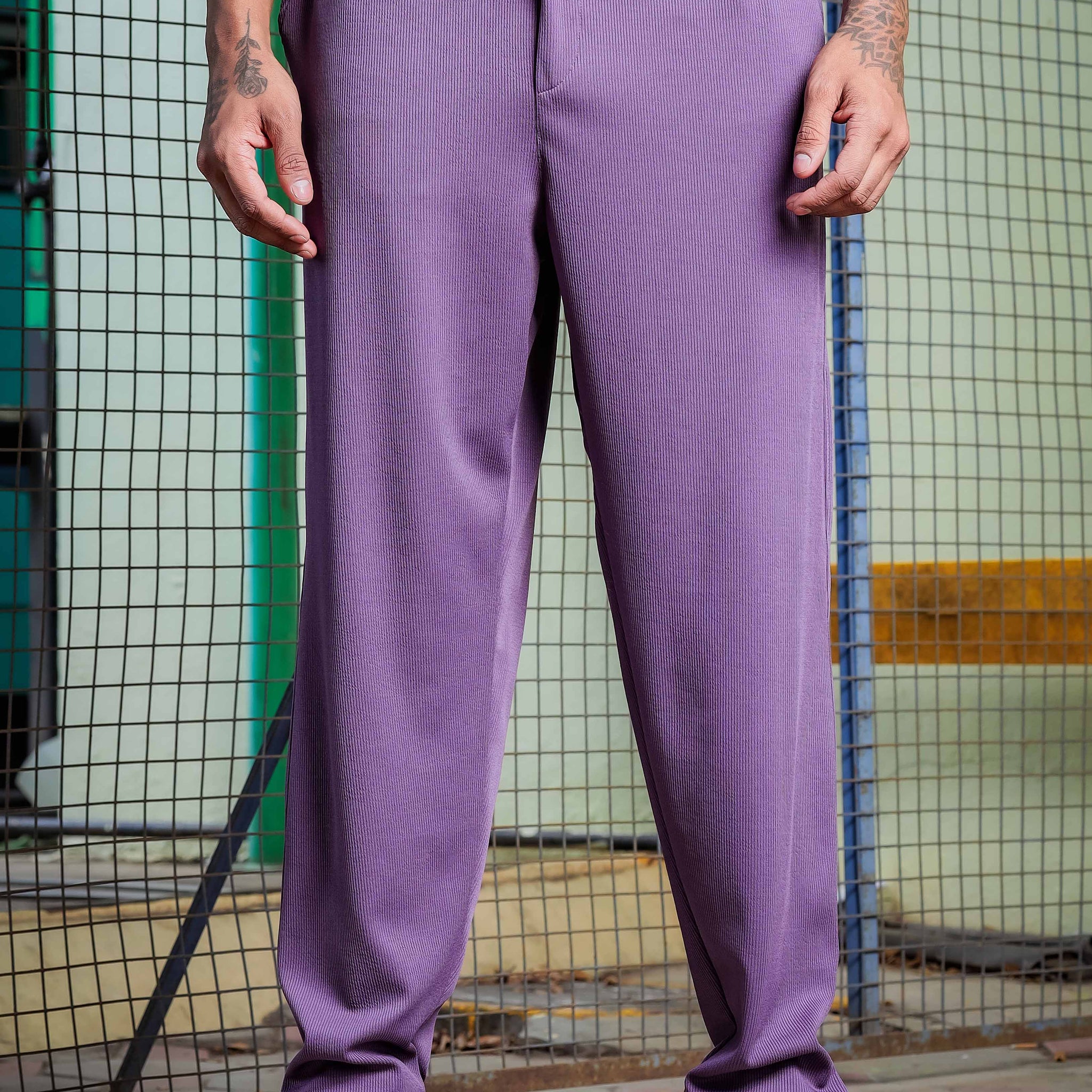 Purple Ribbed Relaxed-Fit Mid-Rise Track Pant