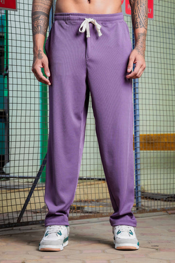 Purple Ribbed Relaxed-Fit Mid-Rise Track Pant