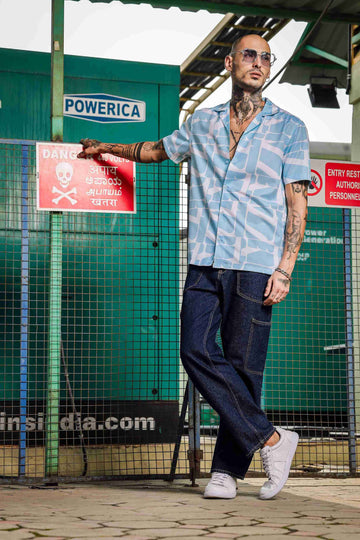 Blue Abstract Print Cuban Collar Relaxed Fit Resort Shirt