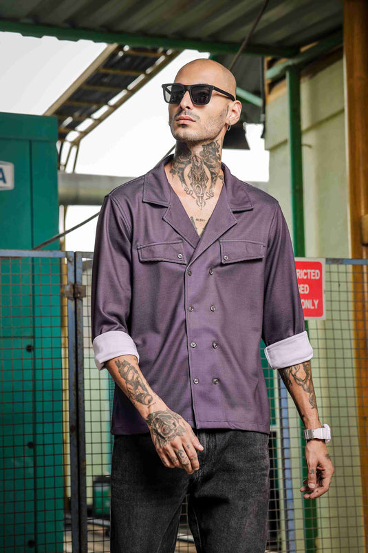 Purple Textured Notched Lapel Collar Regular Fit Korean Shacket Shirt