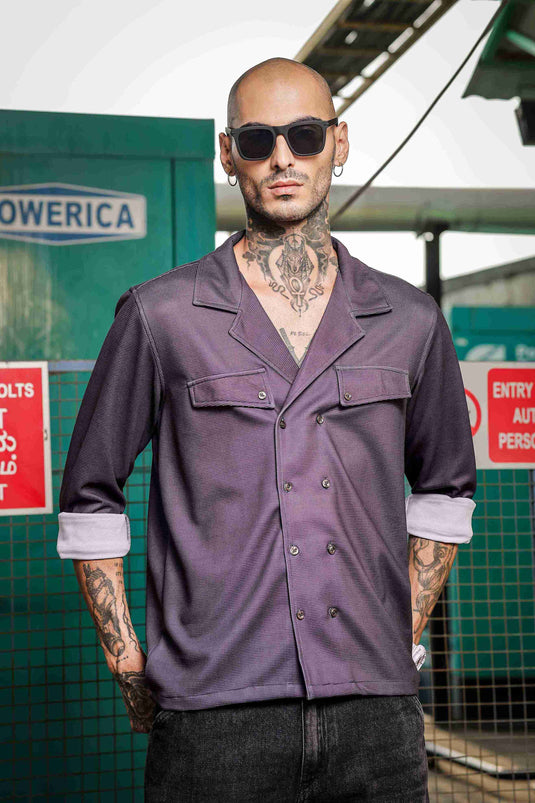 Purple Textured Notched Lapel Collar Regular Fit Korean Shacket Shirt