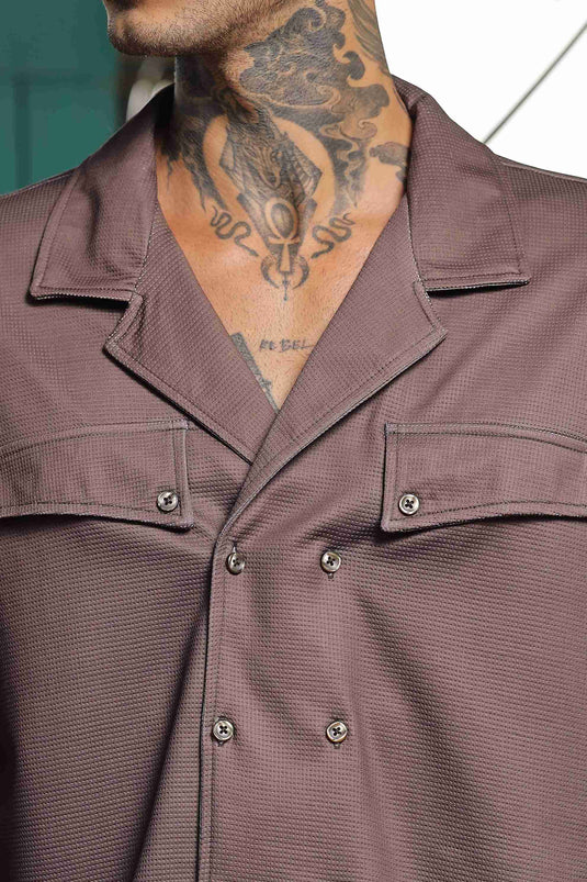 Brown Textured Notched Lapel Collar Regular Fit Korean Shirt