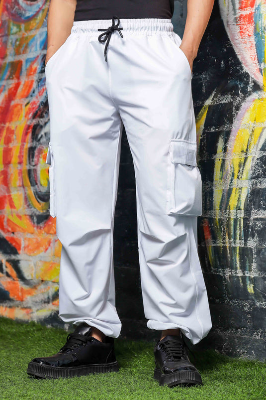 Unisex Baggy Fit White Parachute Cargo Trousers