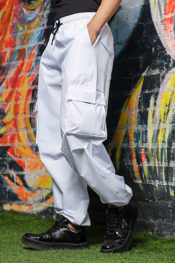White Baggy Fit 6-Pocket Parachute Cargo Trousers