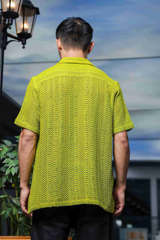 Unisex Relaxed Fit Lime Green Neon Pure Cotton Crochet Resort Shirt