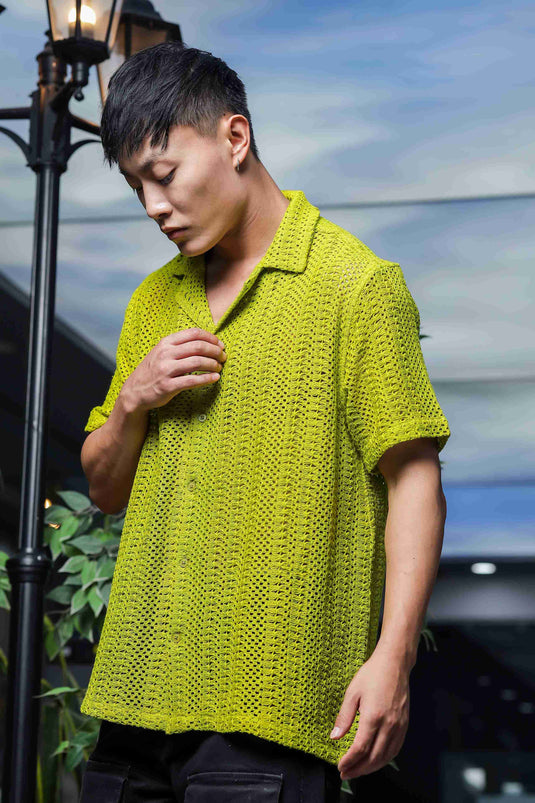 Unisex Relaxed Fit Lime Green Neon Pure Cotton Crochet Resort Shirt