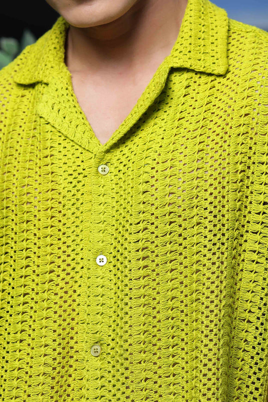 Unisex Relaxed Fit Lime Green Neon Pure Cotton Crochet Resort Shirt