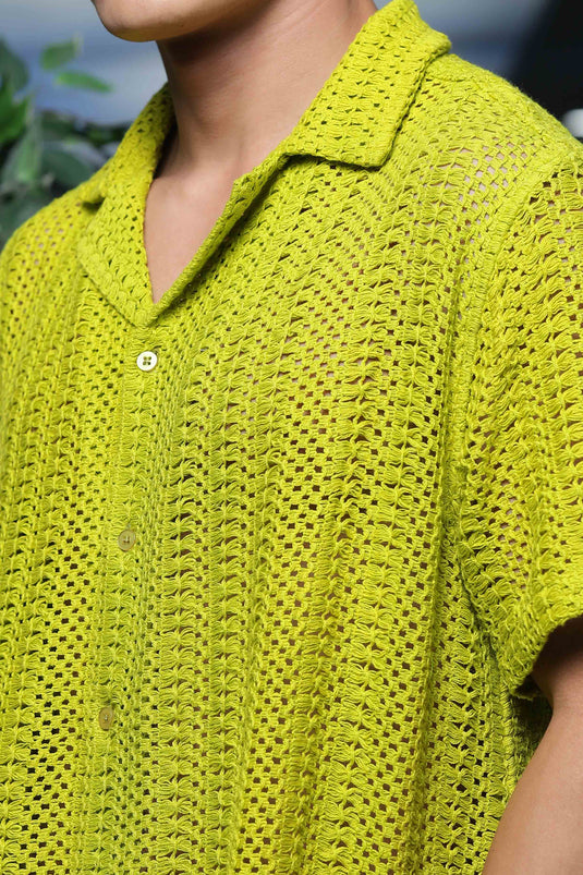 Unisex Relaxed Fit Lime Green Neon Pure Cotton Crochet Resort Shirt