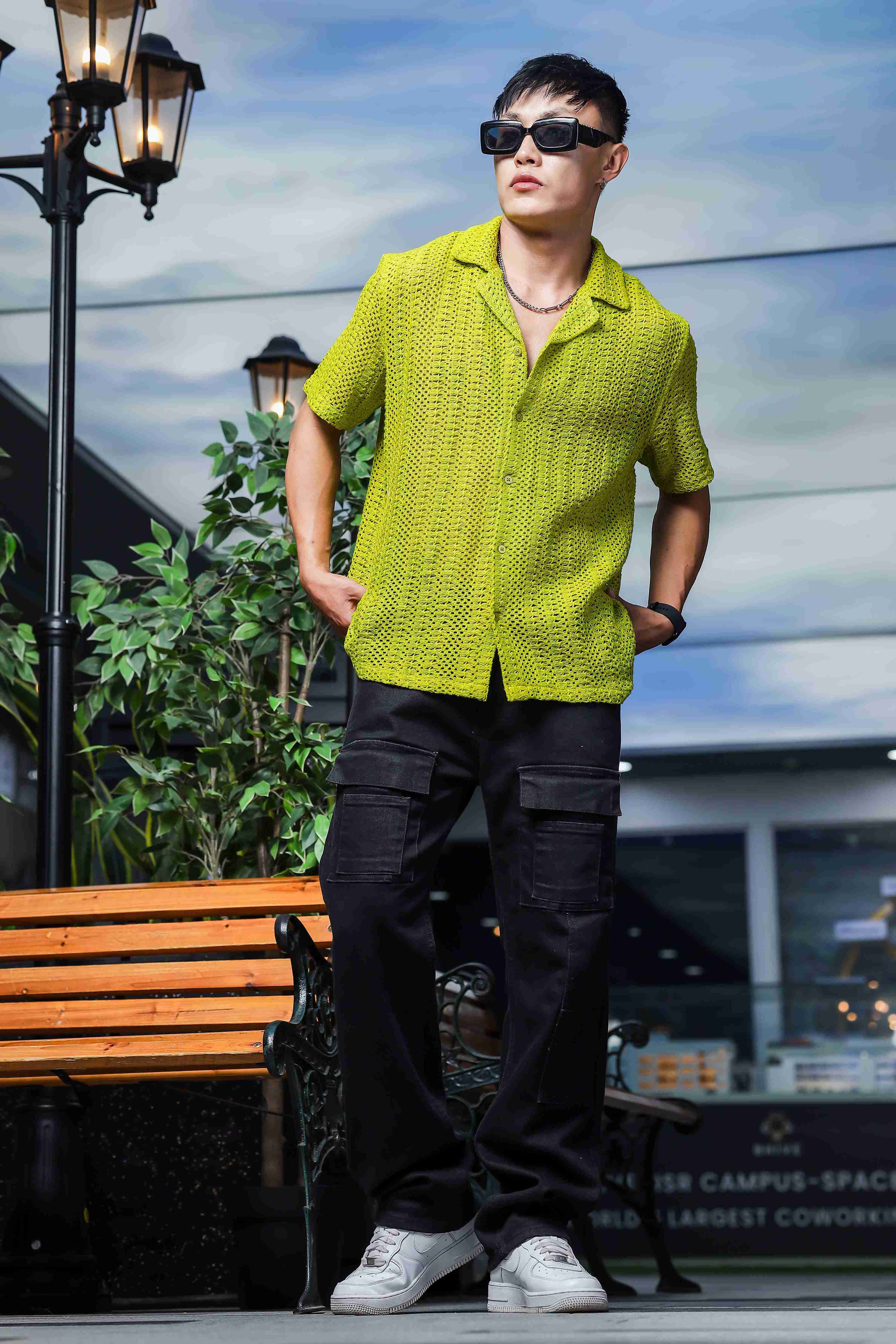 Lime Green Relaxed Fit Pure Cotton Crochet Resort Shirt – House of