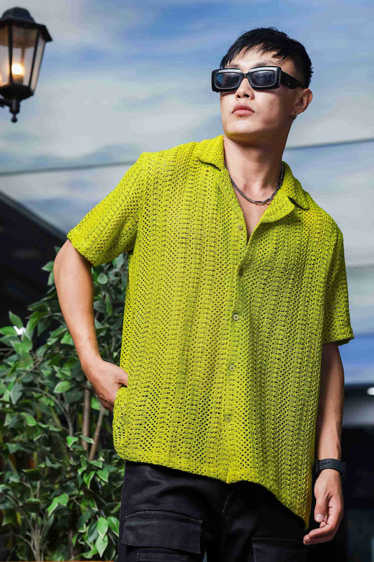 Unisex Relaxed Fit Lime Green Neon Pure Cotton Crochet Resort Shirt