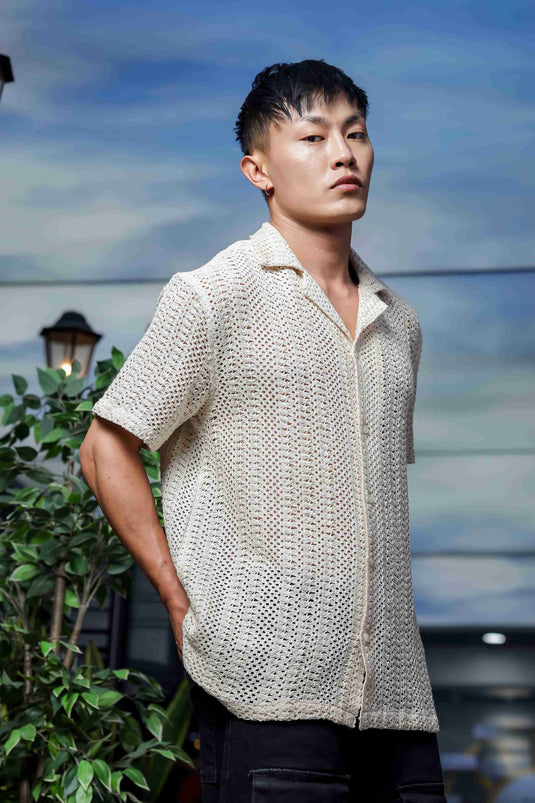 Off White Cotton Crochet Resort Shirt