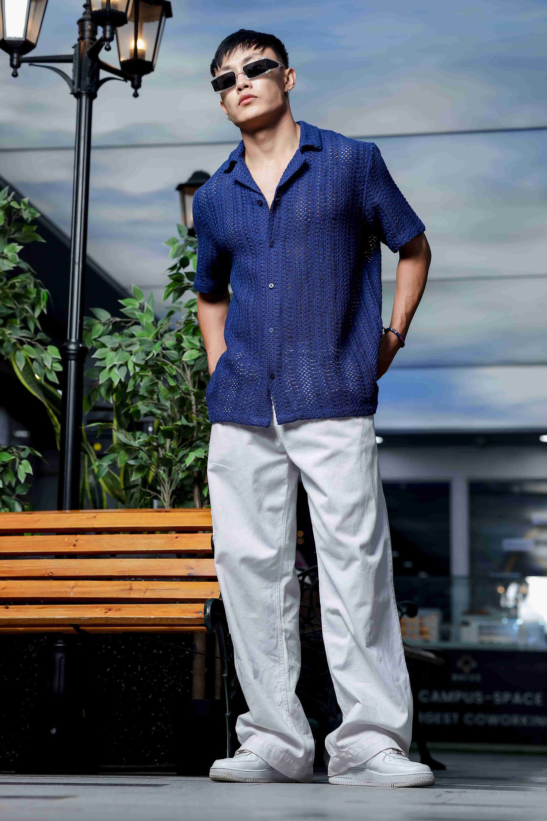 Navy Blue Relaxed Fit Pure Cotton Crochet Resort Shirt