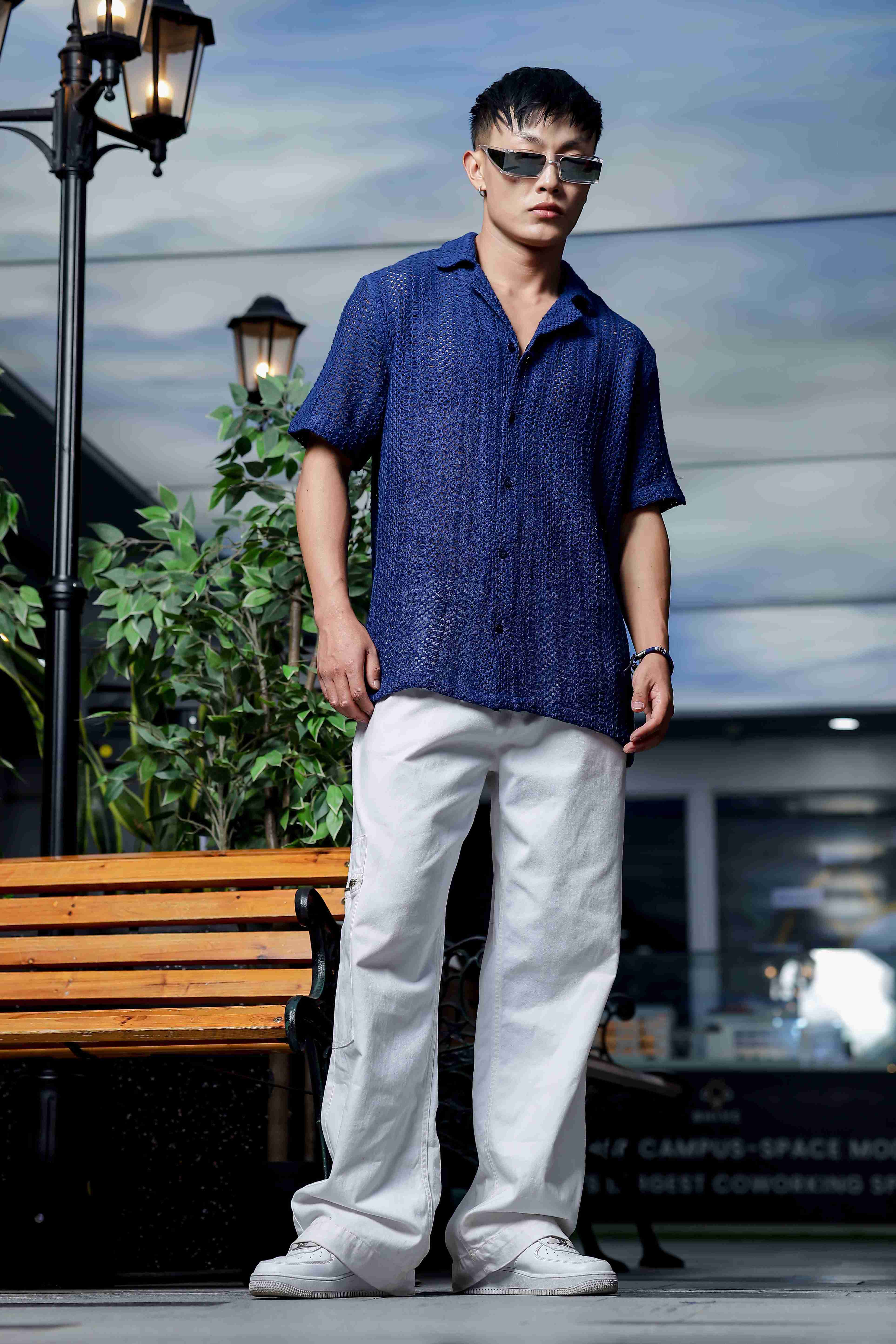 Navy Blue Relaxed Fit Pure Cotton Crochet Resort Shirt – House of
