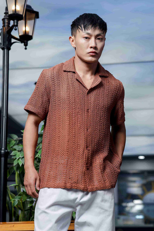 Brown Cotton Pure Cotton Crochet Resort Shirt