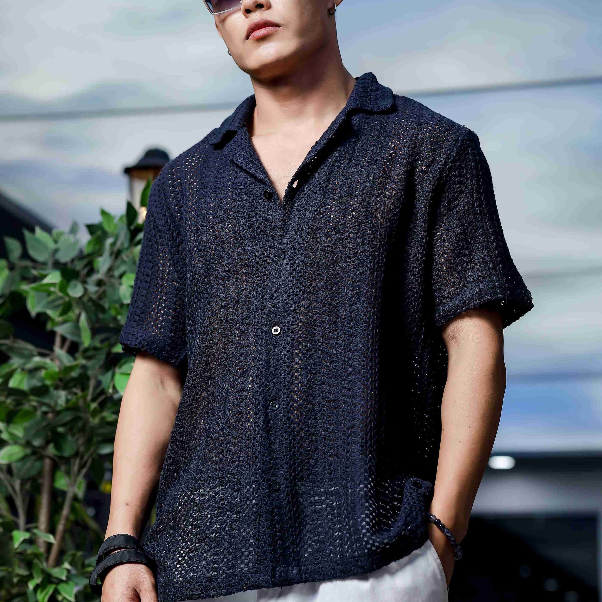 Unisex Relaxed Fit Black Cotton Crochet Resort Shirt