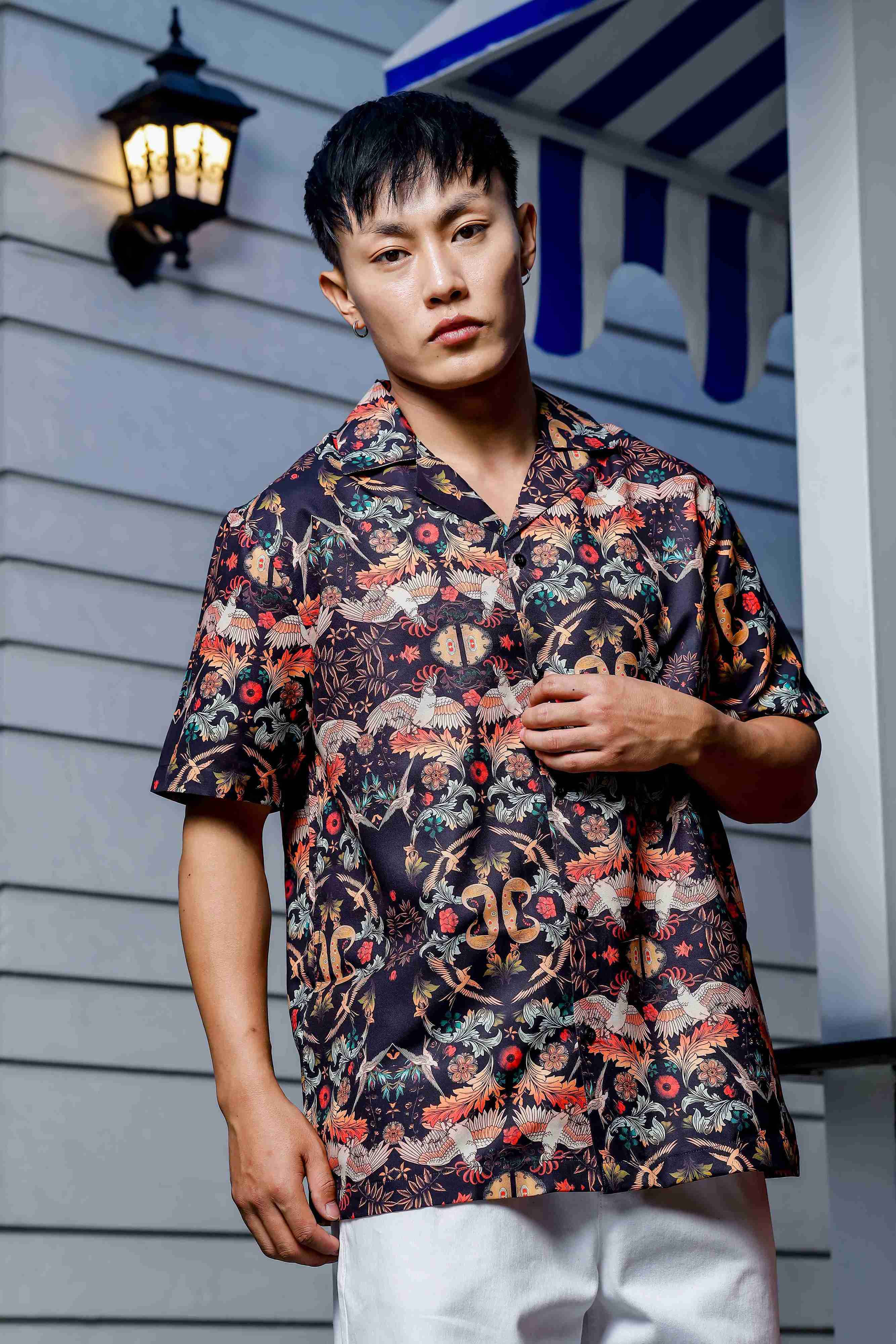 Relaxed Fit Black Floral Printed Cuban Collar Resort Shirt