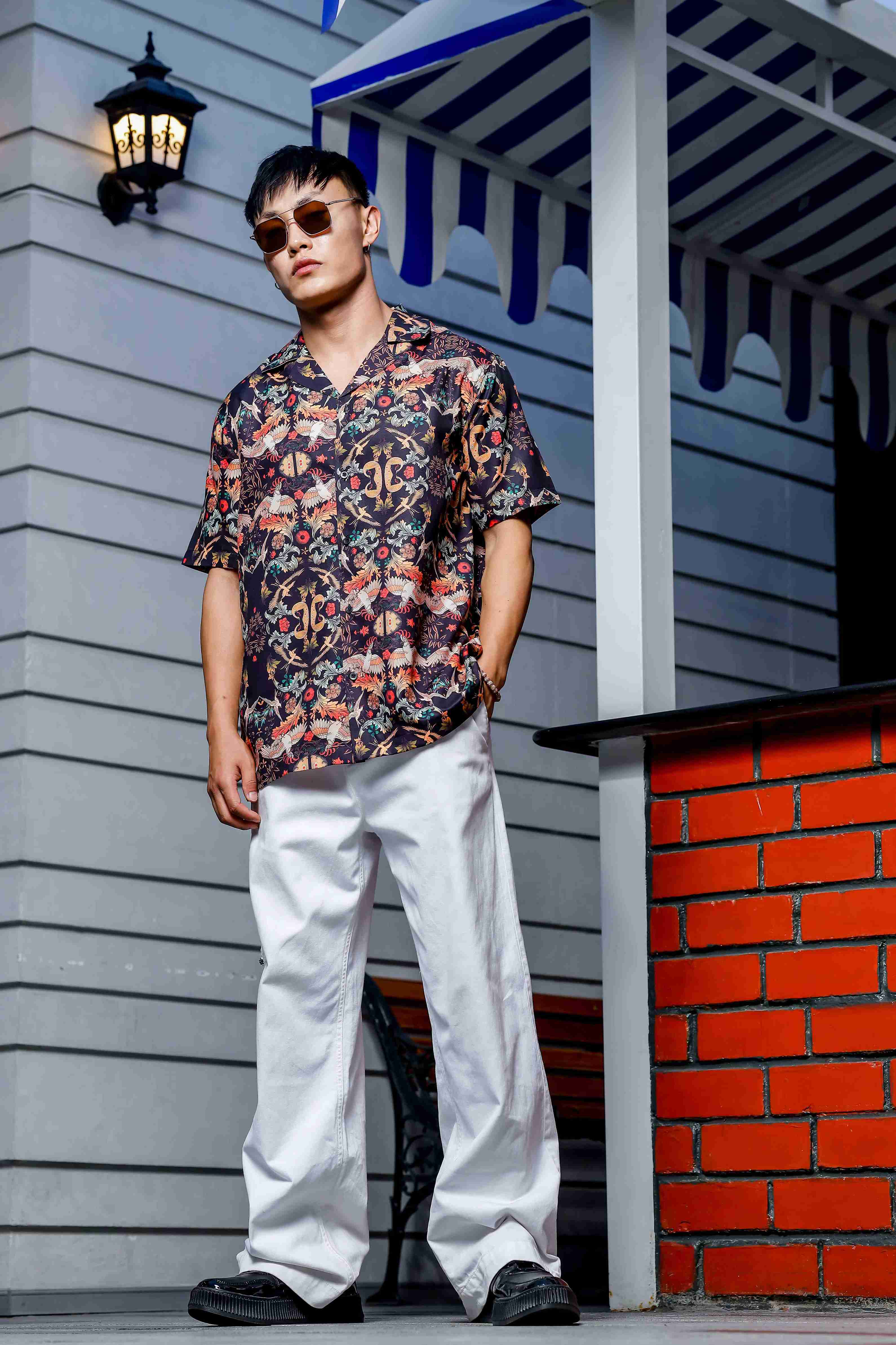 Relaxed Fit Black Floral Printed Cuban Collar Resort Shirt