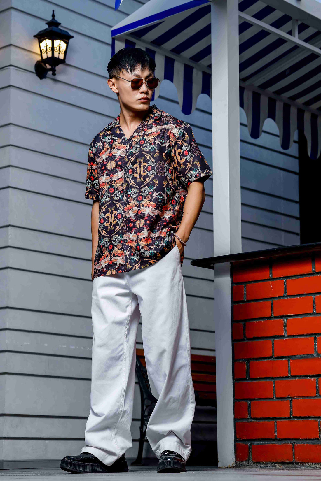 Relaxed Fit Black Floral Printed Cuban Collar Resort Shirt