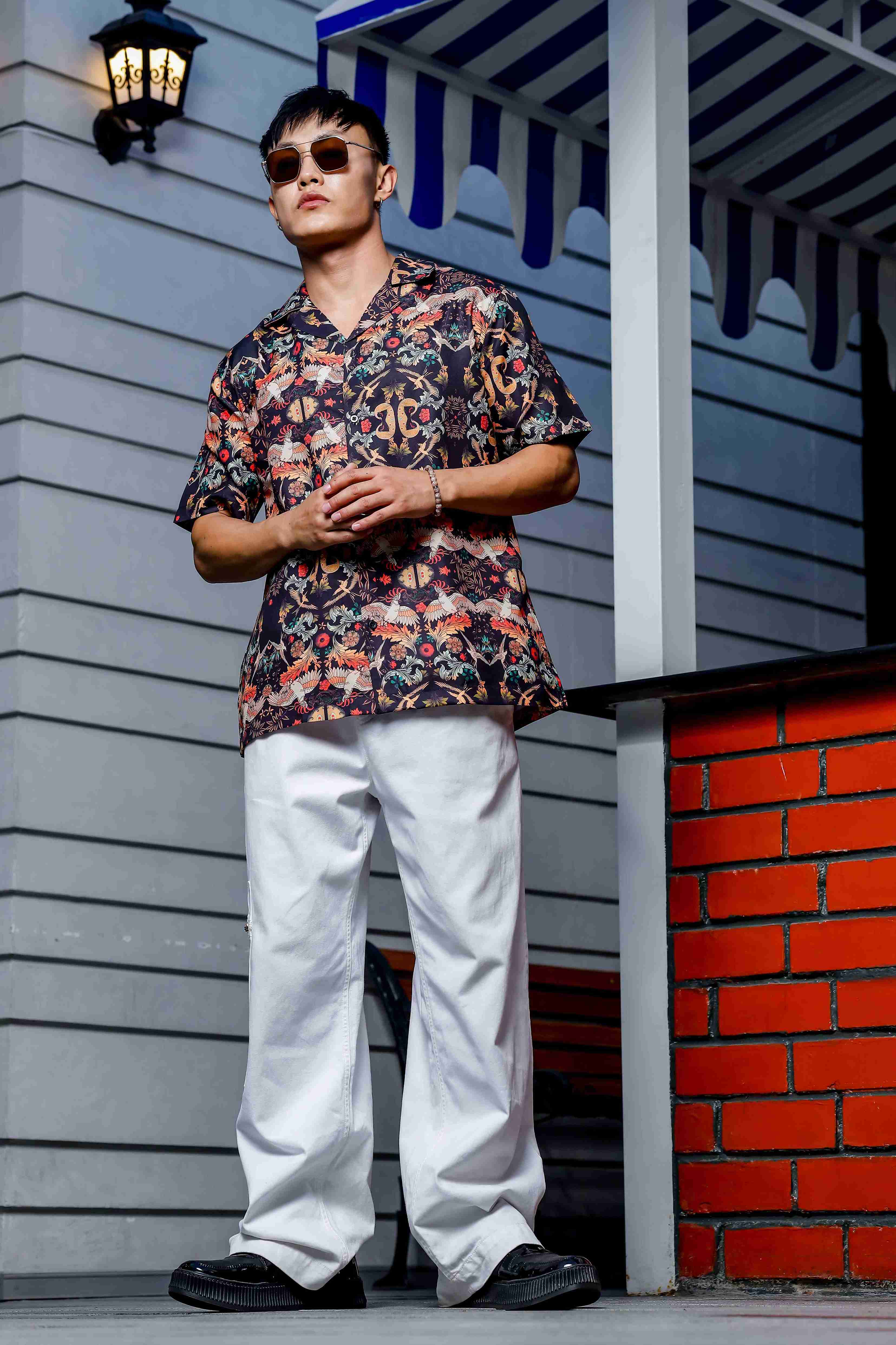 Relaxed Fit Black Floral Printed Cuban Collar Resort Shirt