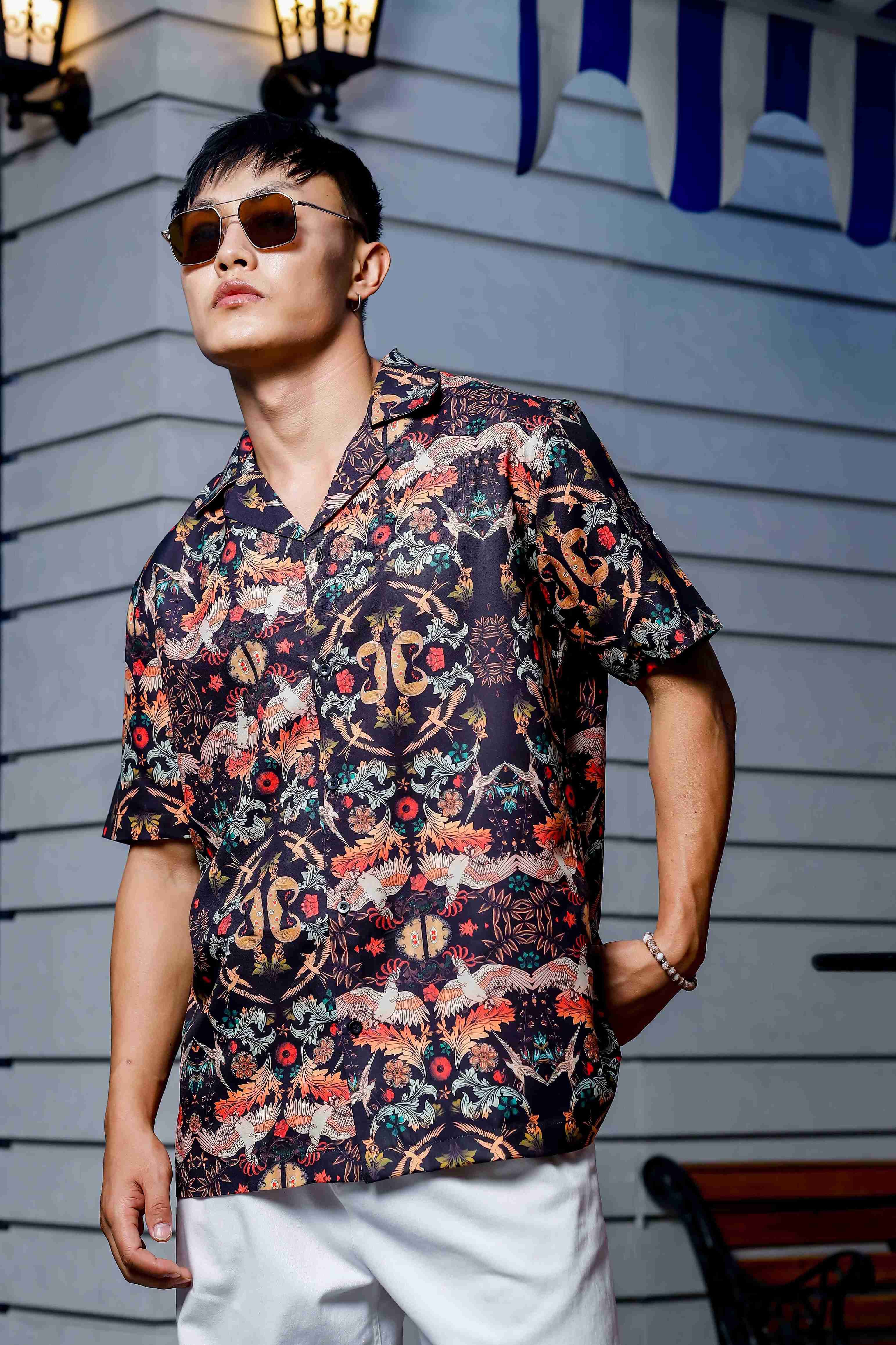 Relaxed Fit Black Floral Printed Cuban Collar Resort Shirt