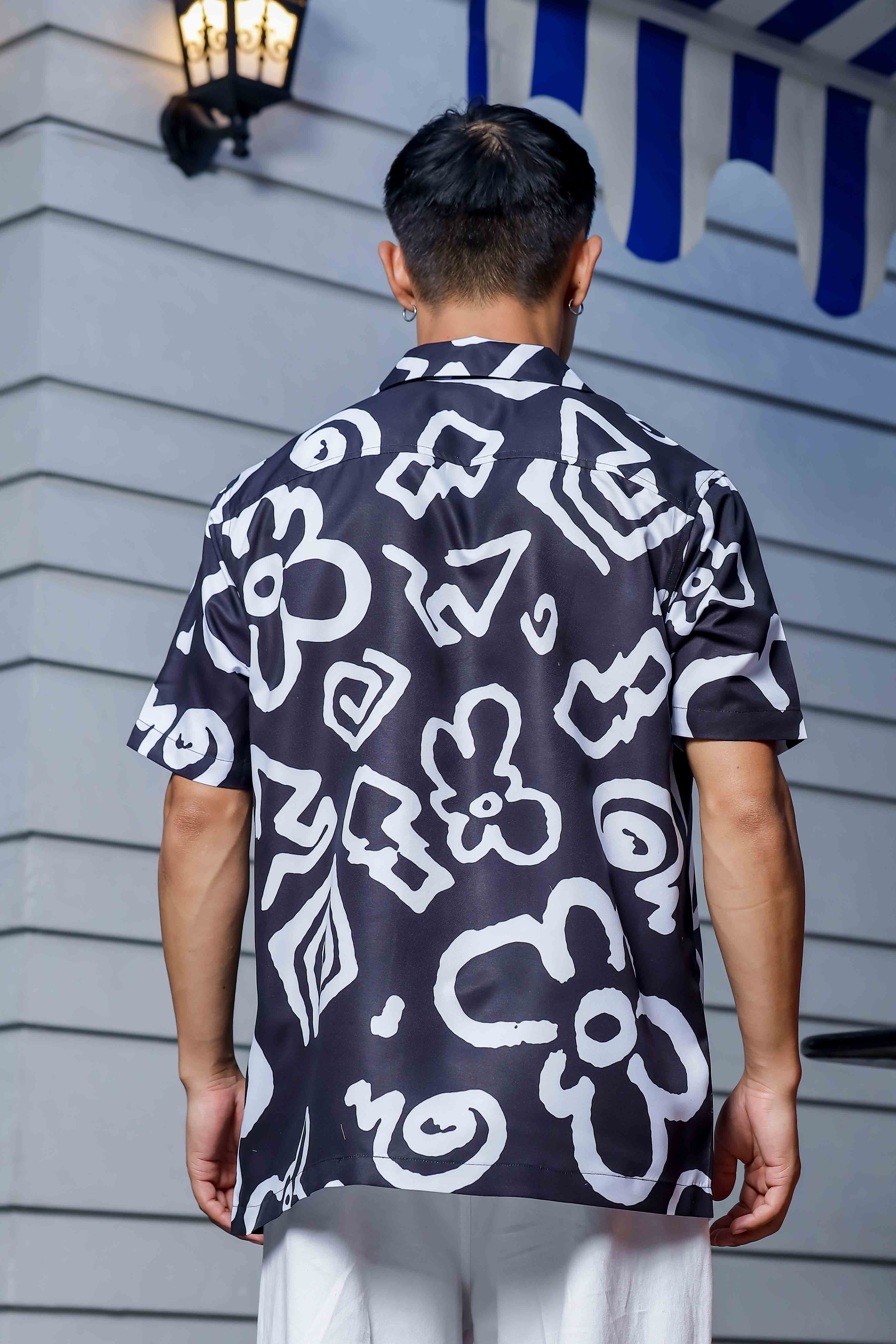 Black Abstract Floral Printed Cuban Collar Oversized Resort Shirt