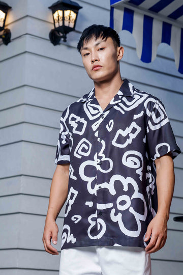 Black Abstract Floral Printed Cuban Collar Oversized Resort Shirt