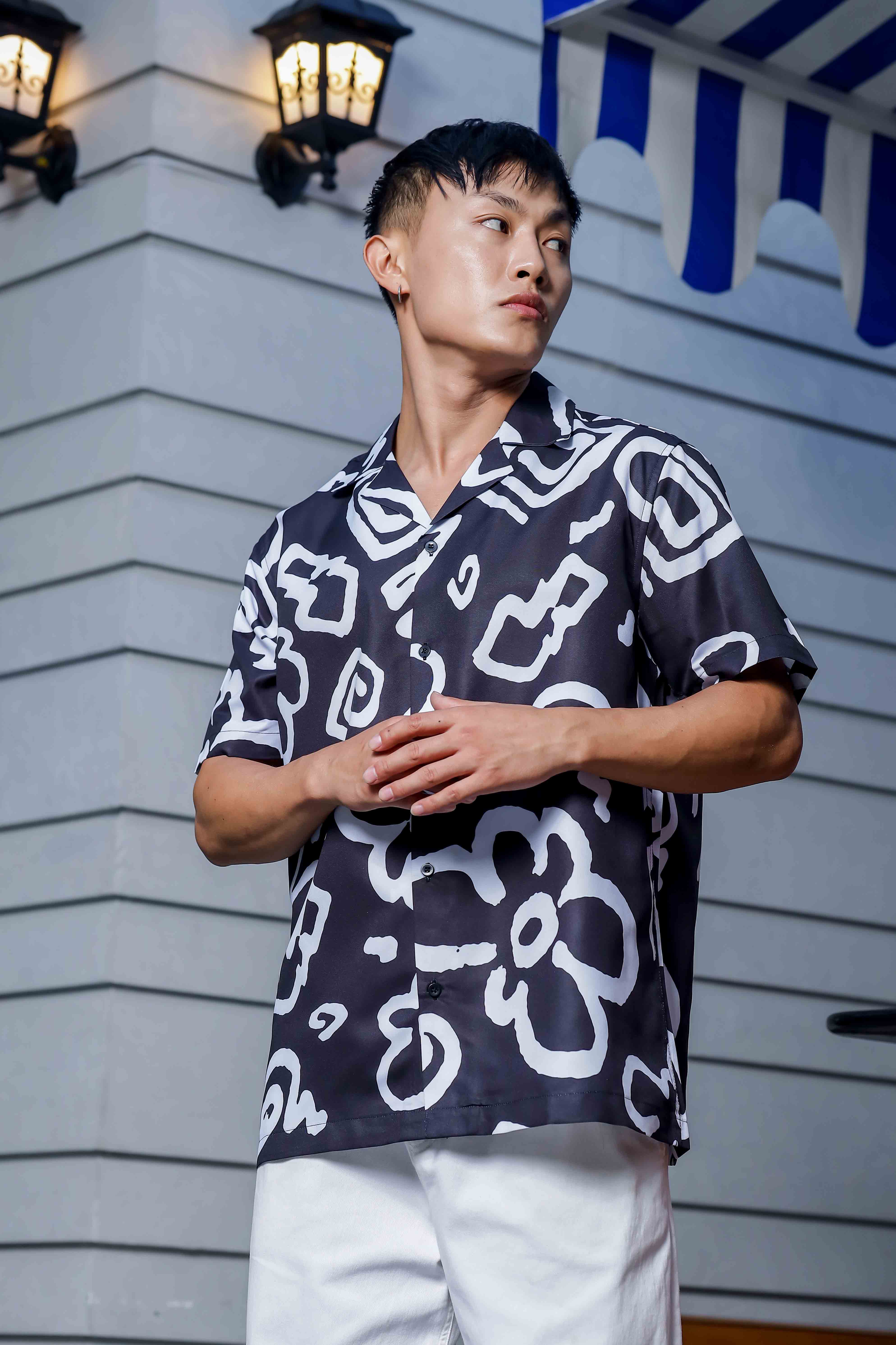 Black Abstract Floral Printed Cuban Collar Oversized Resort Shirt