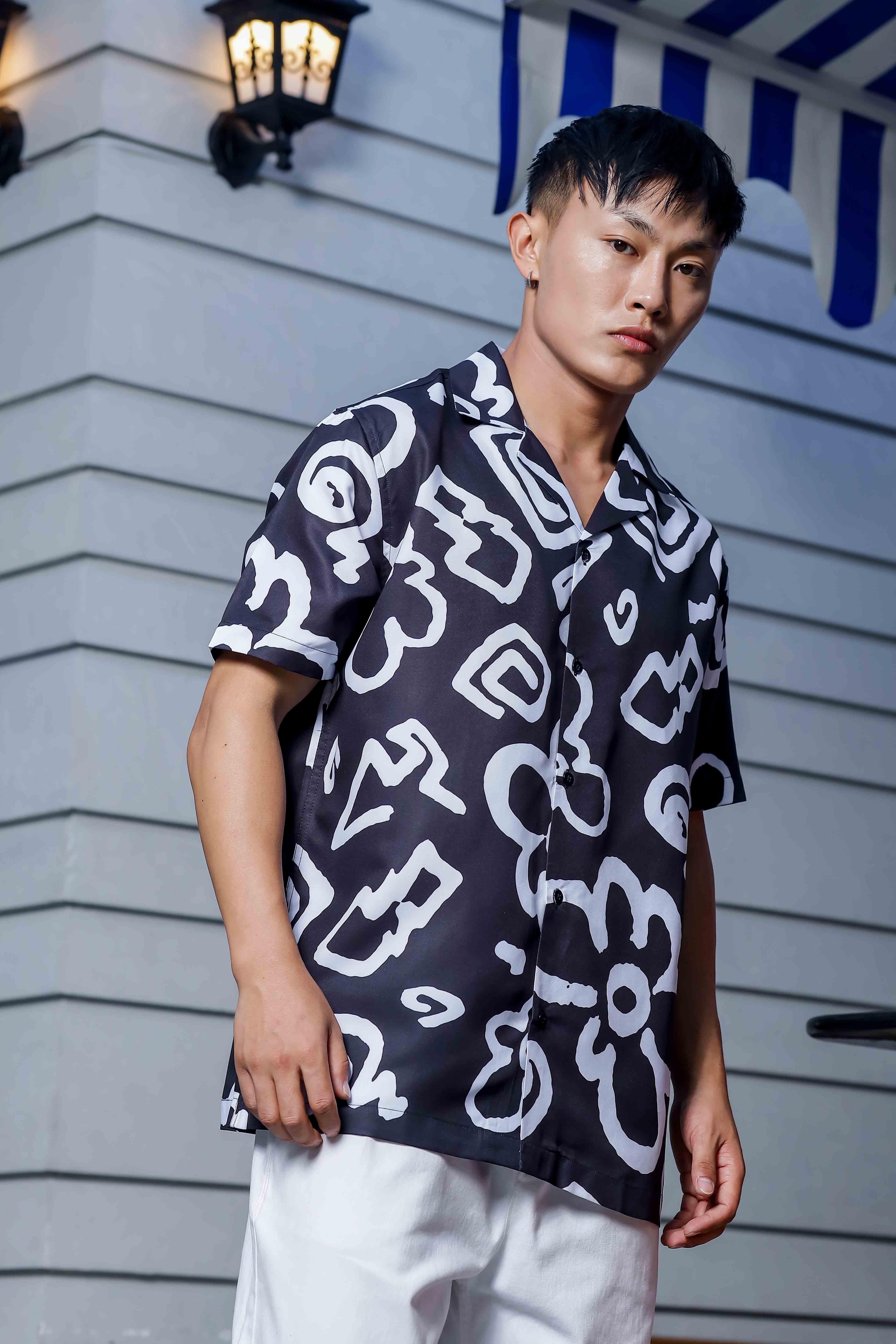 Black Abstract Floral Printed Cuban Collar Oversized Resort Shirt