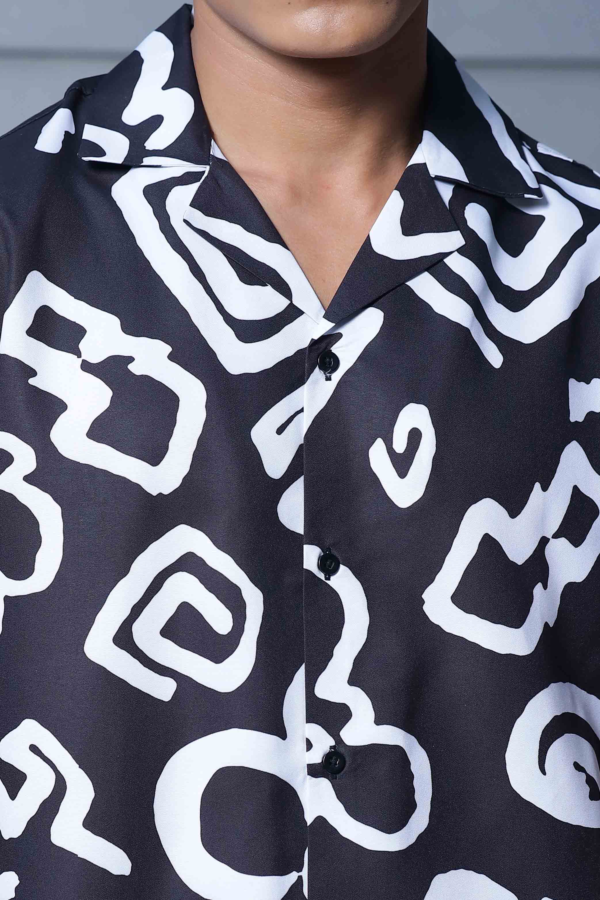 Black Abstract Floral Printed Cuban Collar Oversized Resort Shirt