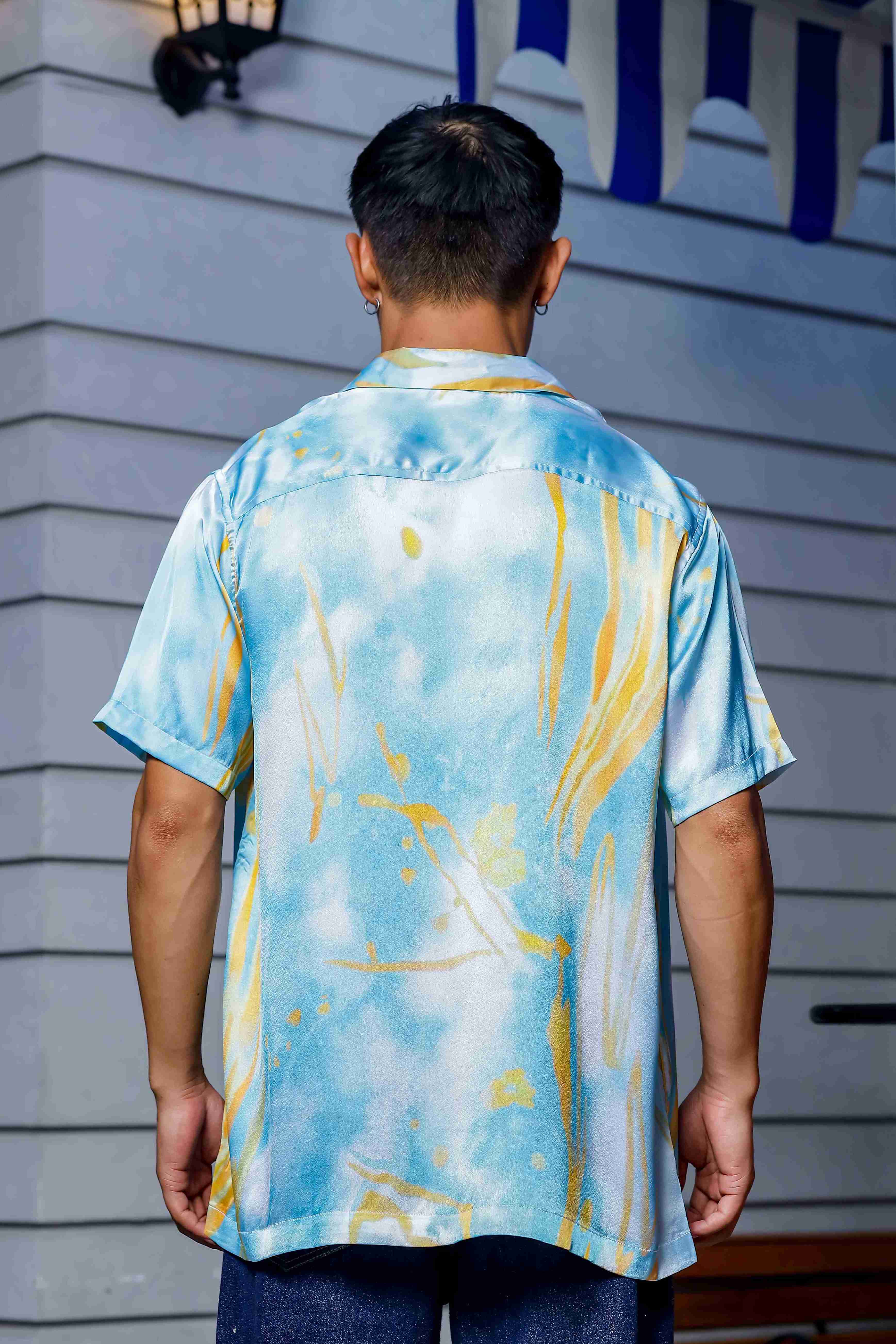 Blue Tie & Dye Satin Print Cuban Collar Oversized Resort Shirt