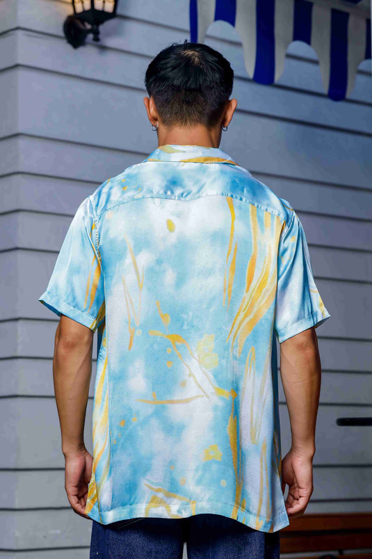 Abstract Satin Blue Gold Print Cuban Collar Oversized Resort Shirt