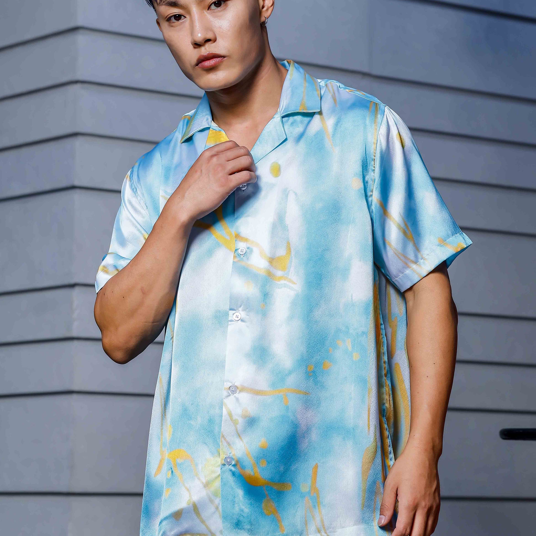 Blue Tie & Dye Satin Print Cuban Collar Oversized Resort Shirt